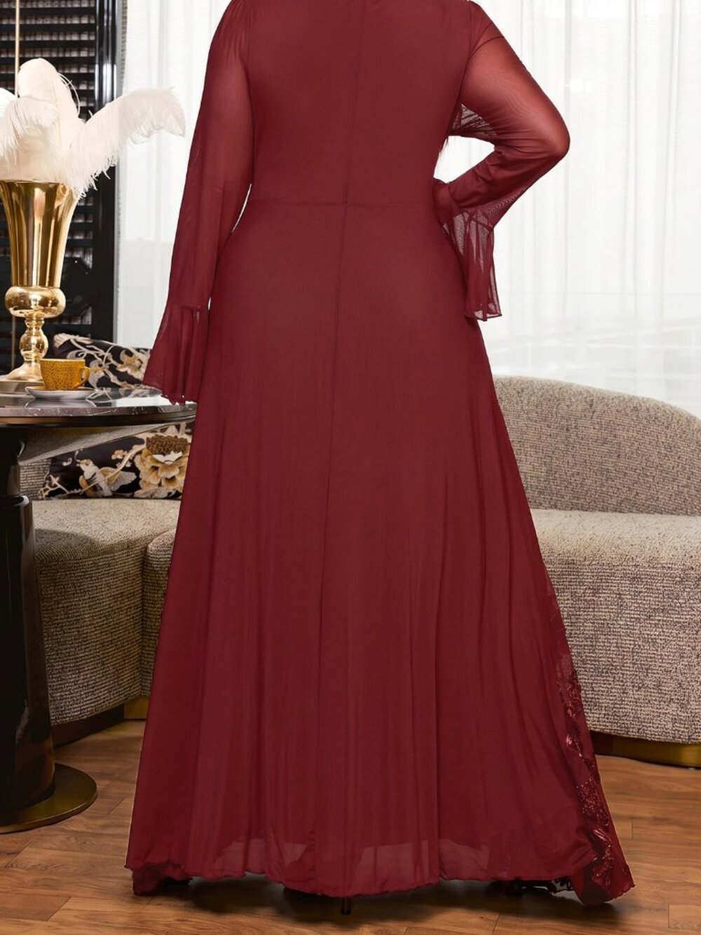 Burgundy Elegant Women's Plus Size Jacquard Casual Party Dress - Picture 2 of 10